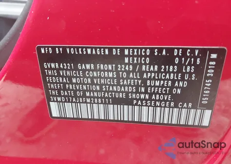 2015 Volkswagen Jetta 1.8T Se from USA, damaged, VIN 3VWD17AJ8FM288111
